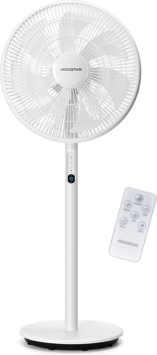 Aigostar Statiefventilator Sedate - Staande ventilator-Afstandsbediening-Timer- Stille Werking -3 snelheden- In hoogte verstelbaar - 7 bladen - 45W - Wit •
