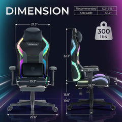 Dowinx - LED-gamingstoel met lendensteun voor lange en grote mensen, 3D-verstelbare armleuningen en hoofdsteun, RGB-gamingstoelstof - Zwart/Groen