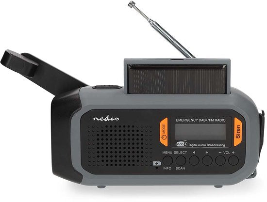 Noodradio - Draagbaar Model - DAB+ / FM - Batterij Gevoed / Netvoeding / Solar Powered - Wekkerfunctie - Grijs / Oranje / Zwart - Nedis