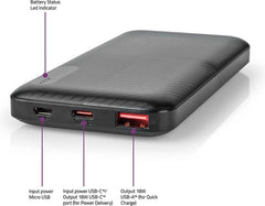 Nedis Compacte Powerbank 10000 mAh – 18W Snellader – Noodpakket – USB-A & USB-C – Universeel voor Smartphones, Tablets & Gadgets – LED Indicator – Zwart