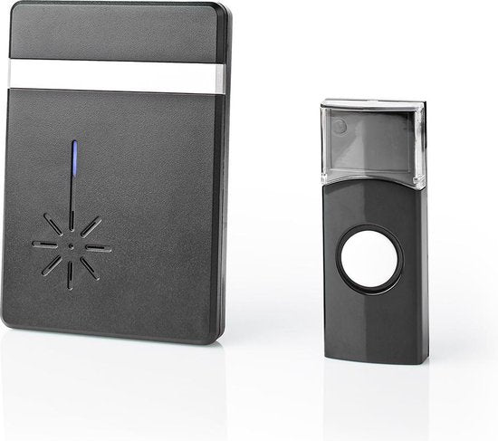 Nedis Draadloze Deurbelset - Batterij Gevoed - 3 V DC - 1x CR2032 - Volume: 80 dB - Signaalbereik: 300 m - IP44 - 36 Melodiën - 1 Ontvanger - Zwart •