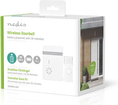 Nedis Draadloze Deurbelset - Batterij Gevoed - 3 V DC - 1x CR2032 - Volume: 80 dB - Signaalbereik: 300 m - IP44 - 36 Melodiën - 1 Ontvanger - Wit •