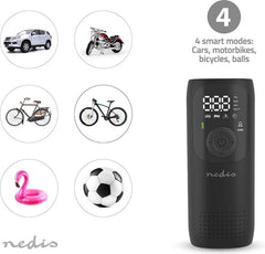 Nedis Draagbare Compressor – Luchtpomp met Zaklamp – Oplaadbaar – Auto tot Bal – Digitaal – 4 Mondstukken – 4000 mAH – Zwart