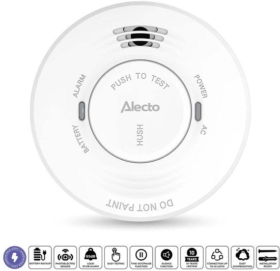 Alecto SDV10 Rookmelder - 230V Brandmelder op netstroom - Met Back-up Batterij - Wit