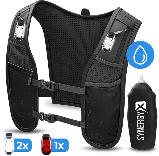 Hardloopvest met Verlichting - Reflecterend Loopvest met Waterfles - Waterdichte Telefoonzak - Wandelvest met Verlichting Voor- en Achterkant - Reflecterend Running Vest - Dames & Heren - SynergyX