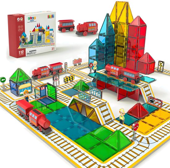 Magnetic Tiles - Treinen - Speelgoed - Magnetische Tegels - Educatief & Constructie - Montessori - Bouwstenen - Bouwblokken - Magna Wereld - Kinderen - Voor 3, 4, 5, 6, 7, 8 Jaar - Olvy •