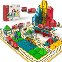 Magnetic Tiles - Treinen - Speelgoed - Magnetische Tegels - Educatief & Constructie - Montessori - Bouwstenen - Bouwblokken - Magna Wereld - Kinderen - Voor 3, 4, 5, 6, 7, 8 Jaar - Olvy •