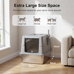 Nobleza Premium Kattenbak RVS - XXL - Incl. Kattenbakschep - Voor Grote & Kleine Katten - 60x40x43cm - Grijs