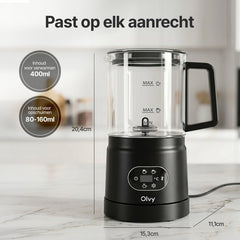 Olvy Melkopschuimer Glas - Elektrische Melkopschuimer 500W - 4-in-1 - Warm & Koud Schuim - 160 ml Melkschuim - 400 ml Warme Melk - Temperatuurdisplay - BPA & PFAS Vrij - Zwart