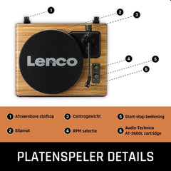 Lenco Bluetooth Platenspeler - 4 Ingebouwde Speakers - Platenspeler op poten - Lenco Expertise lijn - Platenspeler meubel - LS-570OK - Eikenhout
