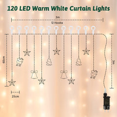 Aigostar LED Lichtgordijn - 120 leds - 3M - Klokken en Sterren - Afstandsbediening - Kerstverlichting - Kerst lichtgordijn - Warm licht