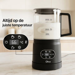 Olvy Melkopschuimer Glas - Elektrische Melkopschuimer 500W - 4-in-1 - Warm & Koud Schuim - 160 ml Melkschuim - 400 ml Warme Melk - Temperatuurdisplay - BPA & PFAS Vrij - Zwart