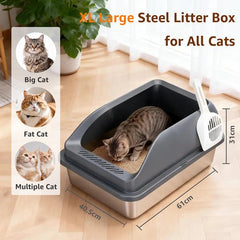 Nobleza Kattenbak RVS – Open Design – Met Hoge Rand & Antispat – Inclusief Kattenbakmat en Schep – 61 x 40,5 x 31 cm – Zilver/Grijs
