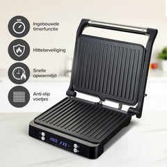 Olvy Tosti Apparaat XL - Panini - Timerfunctie - Temperatuurregeling - Voor 4 Tosti's - Croque Monsieur Toestel - PFAS Vrij - Grill Ijzer - Contactgrill - Apparaten - Uitklapbaar - Zwart