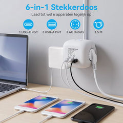 Aigostar Stekkerdoos met Schakelaar - 3 Stopcontacten & 3 USB - Overbelastingsbeveiliging - 1.5 Meter Verlengsnoer - Wit