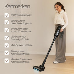 GoScrub® Steelstofzuiger Draadloos - 680W - Kruimeldief - 4 Opzetstukken - Stofzuiger 35kPa zuigkracht - Zonder zak op accu - Inclusief muurhanger - X680 Ultra