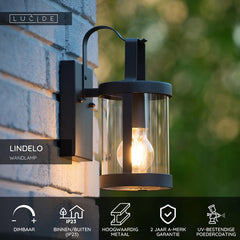 Lucide LINDELO - Wandlamp Binnen/Buiten - 1xE27 - IP23 - Zwart