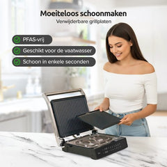 Olvy Contactgrill XL - Uitneembare PFAS-vrije platen - 180º Uitklapbaar - Vaatwasserbestendig - Met Temperatuurregeling - Panini - Croque Monsieur Toestel - Grill Apparaat - Tosti Ijzer - Apparaten
