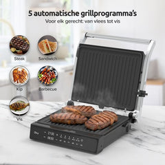 Olvy Contactgrill XL - Uitneembare PFAS-vrije platen - 180º Uitklapbaar - Vaatwasserbestendig - Met Temperatuurregeling - Panini - Croque Monsieur Toestel - Grill Apparaat - Tosti Ijzer - Apparaten
