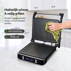 Olvy Tosti Apparaat XL - Panini - Timerfunctie - Temperatuurregeling - Voor 4 Tosti's - Croque Monsieur Toestel - PFAS Vrij - Grill Ijzer - Contactgrill - Apparaten - Uitklapbaar - Zwart