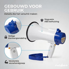 Nedis Megafoon - 115 dB - 250 m Bereik - Sirene - Opnamefunctie - Blauw / Wit