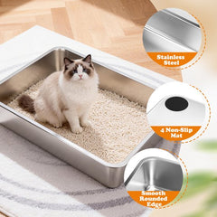 Nobleza Kattenbak XXXL RVS - 70x50x15 cm - Grote Kattenbak voor Grote Katten & Maine Coon - Roestvrijstalen Kattenbak met Hoge Rand