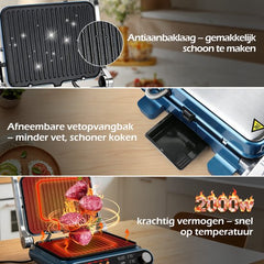 Taylor Swoden Contactgrill - Tosti apparaat - Dubbele Temperatuurregeling - Tosti ijzer - 2000W - Panini Grill met Touchscreen en Draaiknop - 180° Uitklapbaar - Temperatuursonde - Instelbare Hoogte