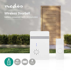 Nedis Draadloze Deurbelset - Batterij Gevoed - 3 V DC - 1x CR2032 - Volume: 80 dB - Signaalbereik: 300 m - IP44 - 36 Melodiën - 1 Ontvanger - Wit •