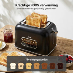 Olvy Broodrooster - 7 Bruiningsniveaus - Timerfunctie - Extra Brede Sleuven - Toaster - LCD Display - Kruimellade - 900W - Ontdooien & Opwarmen - Zwart