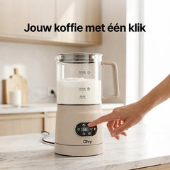 Olvy Melkopschuimer Glas - Elektrische Melkopschuimer 500W - 4-in-1 - Warm & Koud Schuim - 160 ml Melkschuim - 400 ml Warme Melk - Temperatuurdisplay - BPA & PFAS Vrij - Beige
