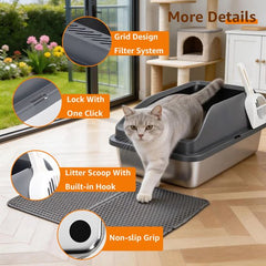 Nobleza Kattenbak RVS – Open Design – Met Hoge Rand & Antispat – Inclusief Kattenbakmat en Schep – 61 x 40,5 x 31 cm – Zilver/Grijs