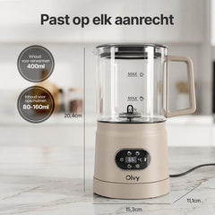 Olvy Melkopschuimer Glas - Elektrische Melkopschuimer 500W - 4-in-1 - Warm & Koud Schuim - 160 ml Melkschuim - 400 ml Warme Melk - Temperatuurdisplay - BPA & PFAS Vrij - Beige