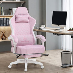 GTPLAYER - Gamingstoel Ergonomisch - Met Veerzitkussen en Voetensteun - Roze-wit