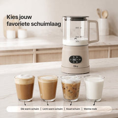 Olvy Melkopschuimer Glas - Elektrische Melkopschuimer 500W - 4-in-1 - Warm & Koud Schuim - 160 ml Melkschuim - 400 ml Warme Melk - Temperatuurdisplay - BPA & PFAS Vrij - Beige