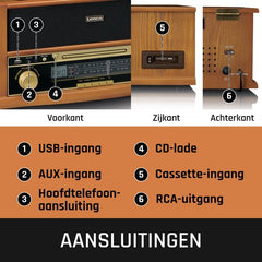 Classic Phono Retro Platenspeler - Bluetooth - Auto-stop -Radio CD en Cassettespeler - TCD-2551WD - Hout