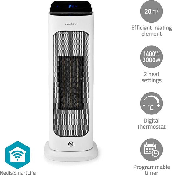 Nedis SmartLife Elektrische Kachel – Keramische Kachel – 2 Standen – 2000W – Timer – Display – Wit