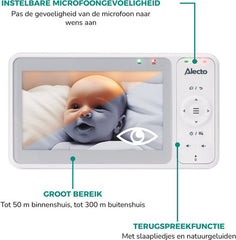 Alecto Babyfoon met Camera - Pro Collection - HD Camera - Groot 5 inch Scherm - Op afstand bestuurbaar - Uitbreidbaar tot 4 camera's - Nachtlampje - DVM2050 - Wit
