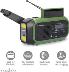 Nedis Noodradio - Draagbaar Model - DAB+ / FM - Batterij Gevoed / Handslinger / Solar Powered / USB Gevoed - Wekkerfunctie - Groen / Zwart