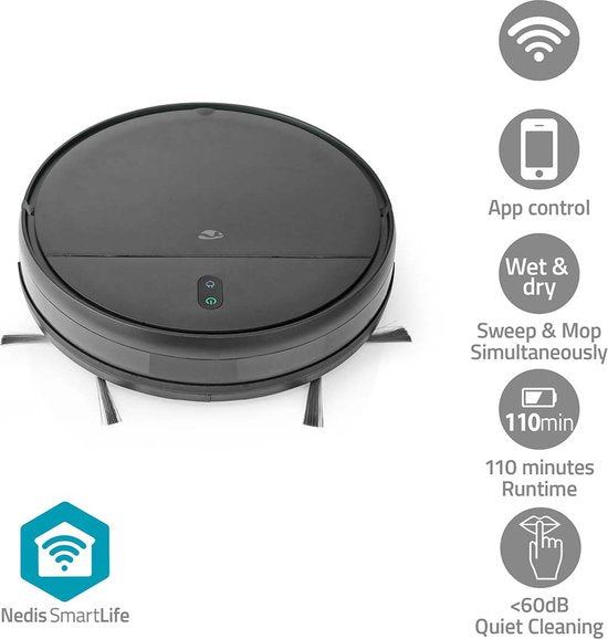 Nedis SmartLife Robotstofzuiger - Navigatiemethode: Willekeurig - Wi-Fi - Capaciteit opvangreservoir: 0.2 l - Automatisch opladen - Maximale gebruiksduur: 1.8 uur - Zwart - Android / IOS •