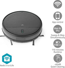 Nedis SmartLife Robotstofzuiger - Navigatiemethode: Willekeurig - Wi-Fi - Capaciteit opvangreservoir: 0.2 l - Automatisch opladen - Maximale gebruiksduur: 1.8 uur - Zwart - Android / IOS •