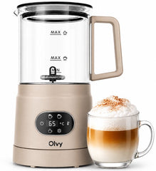 Olvy Melkopschuimer Glas - Elektrische Melkopschuimer 500W - 4-in-1 - Warm & Koud Schuim - 160 ml Melkschuim - 400 ml Warme Melk - Temperatuurdisplay - BPA & PFAS Vrij - Beige