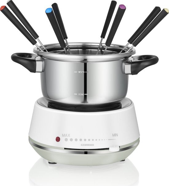 Melissa Fondue set - Elektrische Fondue 8 personen - 2 liter - 1200W - Met Sausring en 8 Vorken - 16310230 - Wit RVS