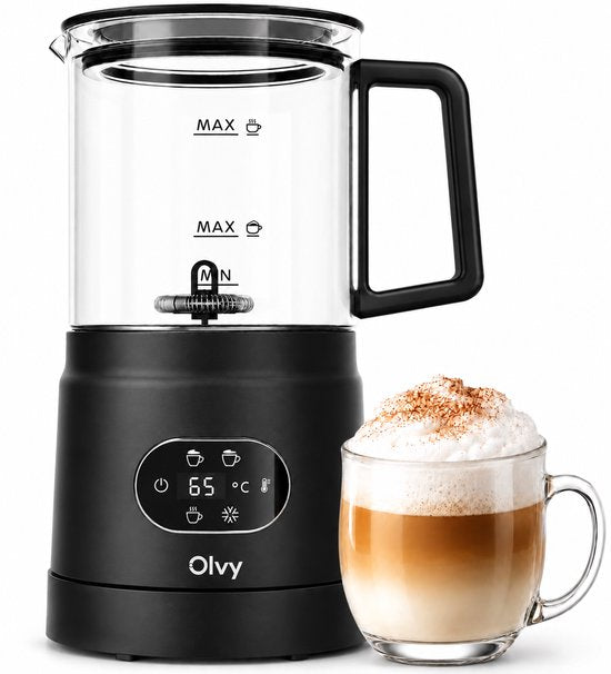 Olvy Melkopschuimer Glas - Elektrische Melkopschuimer 500W - 4-in-1 - Warm & Koud Schuim - 160 ml Melkschuim - 400 ml Warme Melk - Temperatuurdisplay - BPA & PFAS Vrij - Zwart