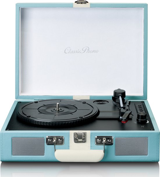 Classic Phono Retro Platenspeler - Vinyl Koffer met Bluetooth - Auto-stop - TT-110BUWH - Blauw Wit