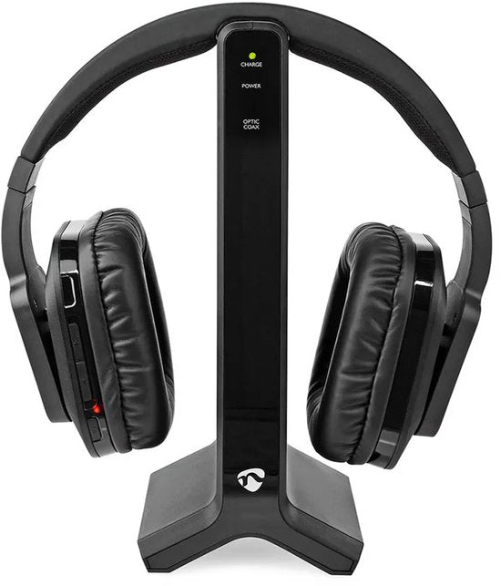 Nedis Draadloze TV-Koptelefoon – Over-Ear – RF – 25 m – 8 uur Batterij – Laadstation – Zwart •
