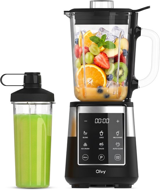 Olvy Kitchen Blender - Smoothie Maker - 1,5L Glazen Kan met To-Go Beker - IJscrusher & Zelfreinigend - BPA- en PFAS-vrij - Glas - Vaatwasserbestendig