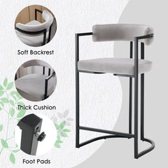 Set van 2 barkrukken, bekleed met fluweel, moderne keukenstoelen voor bar, restaurant, grijs, Wahson
