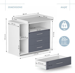 Infantastic® Aankleedcommode -met aankleedkussen, 3 laden, 3 vakken, 113x53x101,6 cm, in MDF, wit/grijs •