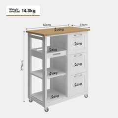 MIADOMODO® Keukenwagen op wielen - 3 laden, 3 niveaus, werkblad, hout/MDF, 67x37x87cm, wit - serveerwagen, rolwagen, keukentrolley, keukenkast landhuisstijl, bijzetwagen, keukenrek