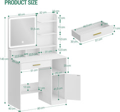 Hzuaneri Make-uptafel met spiegel en ledlicht, met 3 planken en 4 open vakken, make-uptafel met grote laden en kasten, 3-voudig regelbare verlichting, wit DT42103XEU